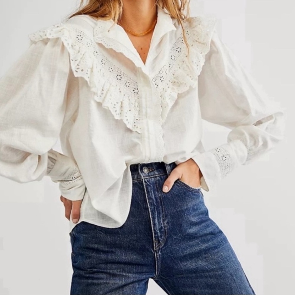 NWT Free People Sz L Cotton Long Sleeve Blouse Hit the Road Button Down - White